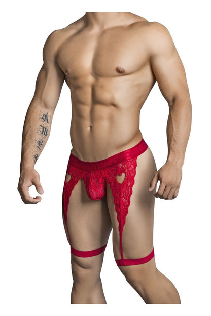 Red lace thong with heart-shaped cutouts and matching leg straps from candyman 99310 in vibrant red color