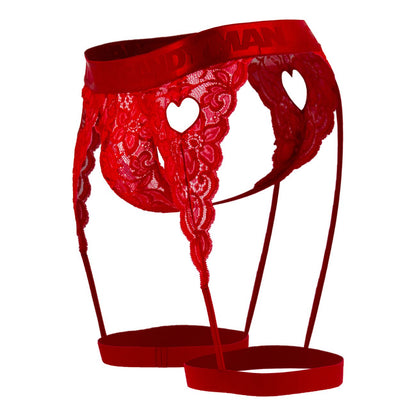 Red lace CandyMan 99310 thong with heart-shaped cutouts and matching straps in vibrant red color