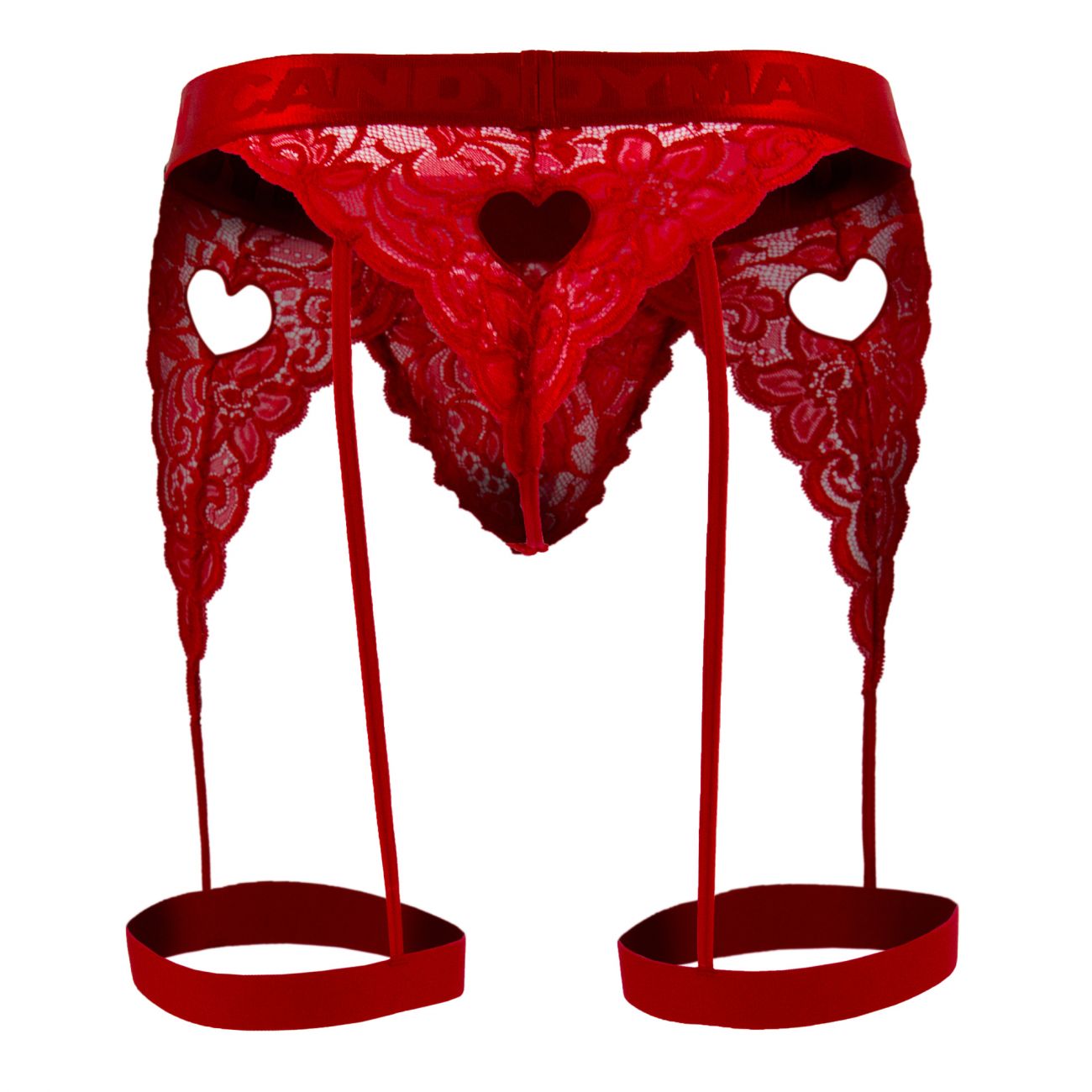 Red lace garter belt with heart-shaped cutouts and matching straps from candyman 99310 thongs in red color