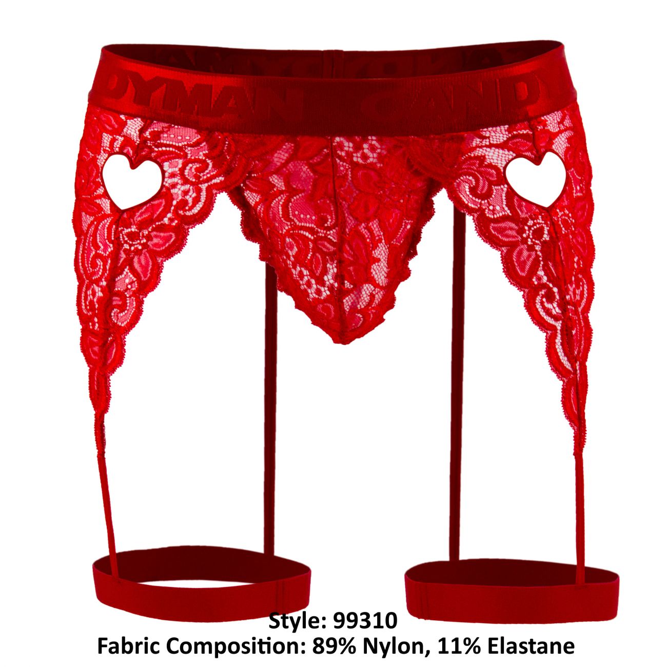 Red lace garter belt with heart-shaped cutouts and matching leg straps from Candyman 99310 thongs in red