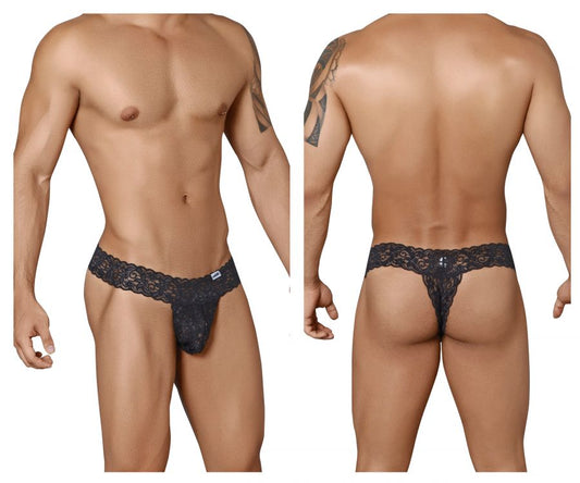 Black lace thong candy man 99315 peek a boo with intricate floral pattern and small brand tag on waistband