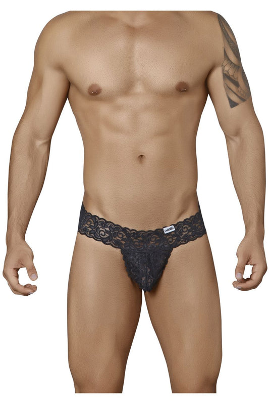 Black lace thong candyMan 99315 peek a boo thongs with intricate floral patterns and brand tag on waistband