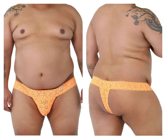 Orange lace thong with intricate floral pattern and small brand tag on waistband from candyman 99315x peek a boo lace thongs