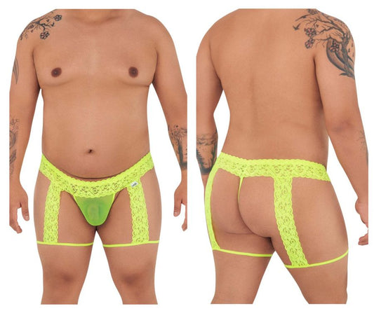 Bright neon green candyMan 99369X lace thong with matching leg straps and sheer mesh panel in hot yellow color