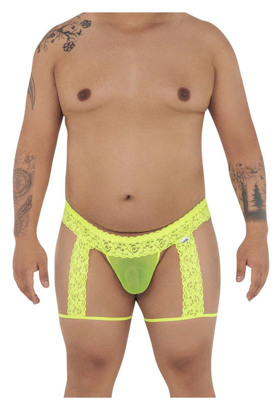 Neon green lace thong with side straps from candyman 99369x thongs in hot yellow showing front view