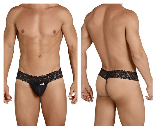 Black CandyMan 99370 men’s thong with black lace trim and small brand tag on the front