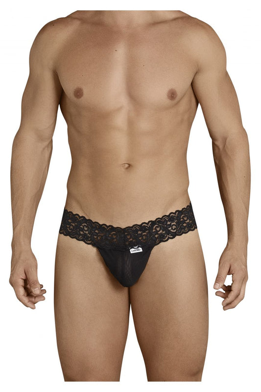 Black CandyMan 99370 thong in lace-trimmed fabric with a subtle brand tag at the waistband