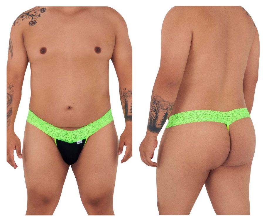 Neon green lace-trimmed black thong candyMan 99370X shown from the back highlighting vibrant hot green detail