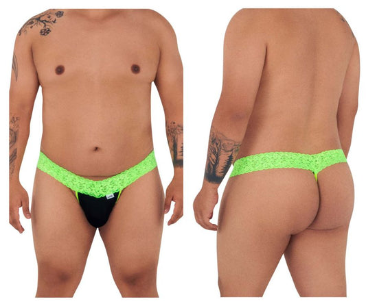 Neon green lace-trimmed black thong candyMan 99370X shown from the back highlighting vibrant hot green detail