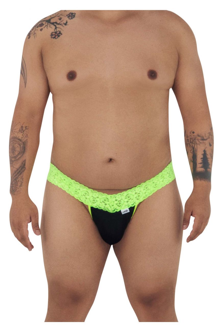 Neon green lace-trimmed black briefs candyMan 99370X thongs in hot green showcasing front view design