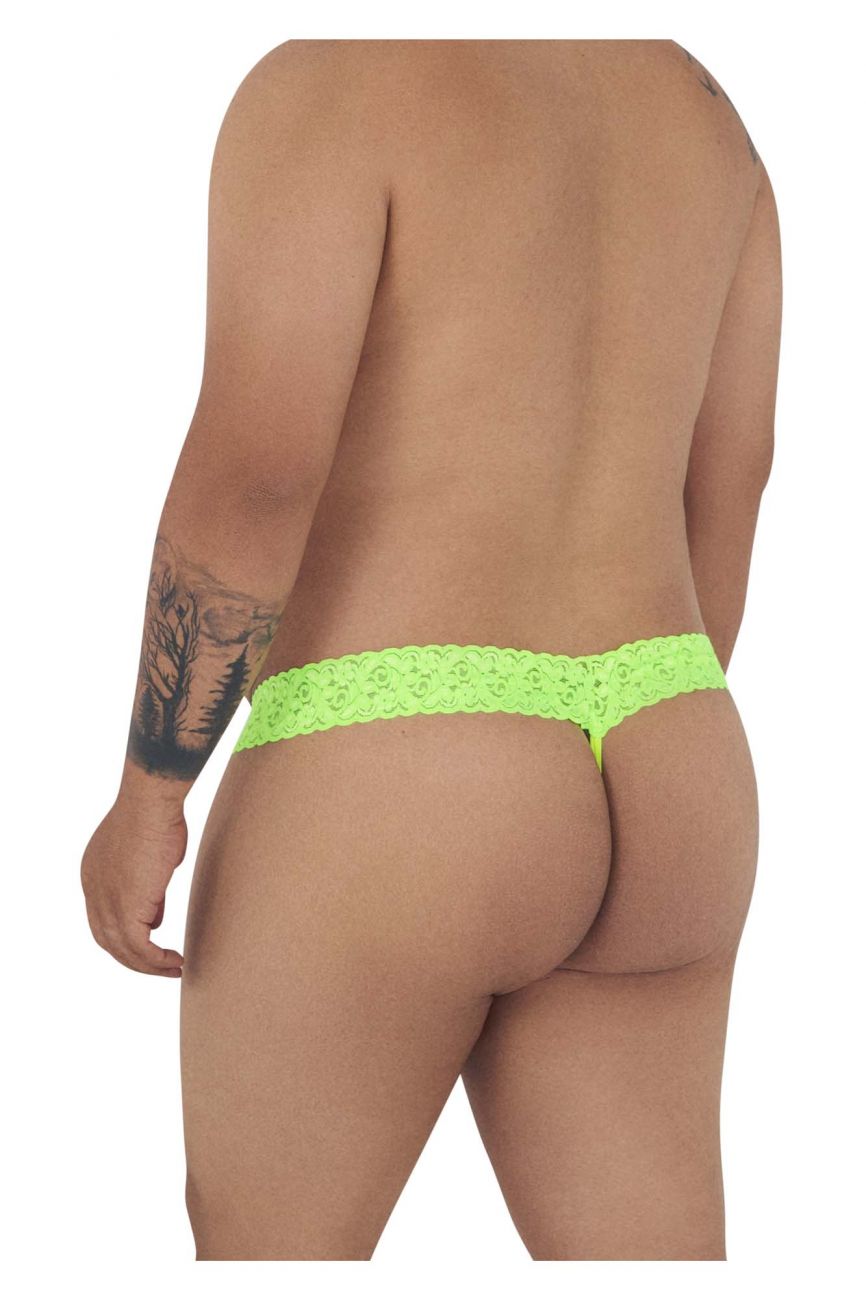 Bright neon green lace thong candyMan 99370X with a delicate intricate pattern in hot green color