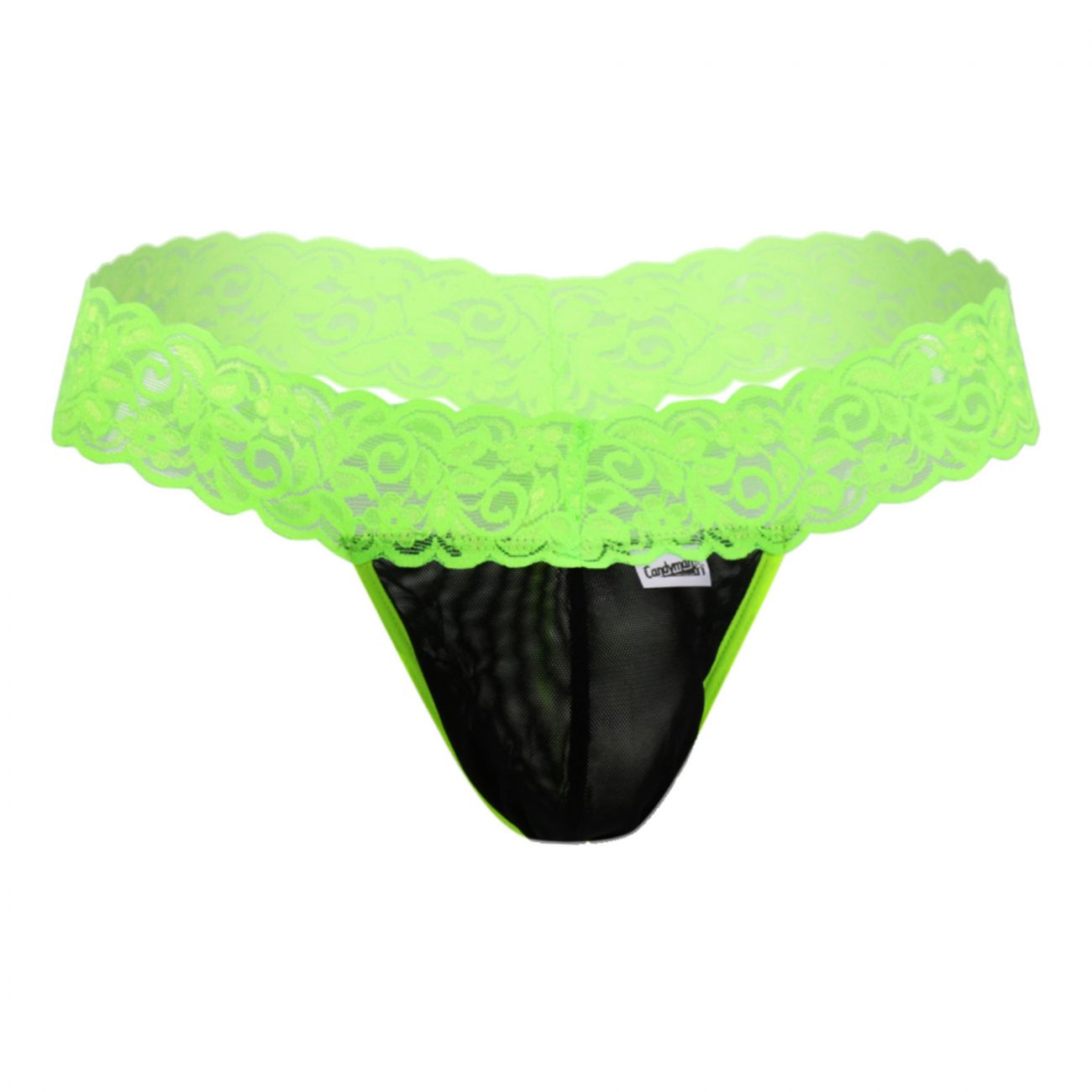 Neon green lace-trimmed black mesh thong candyMan 99370X showing front side for a bold lingerie look