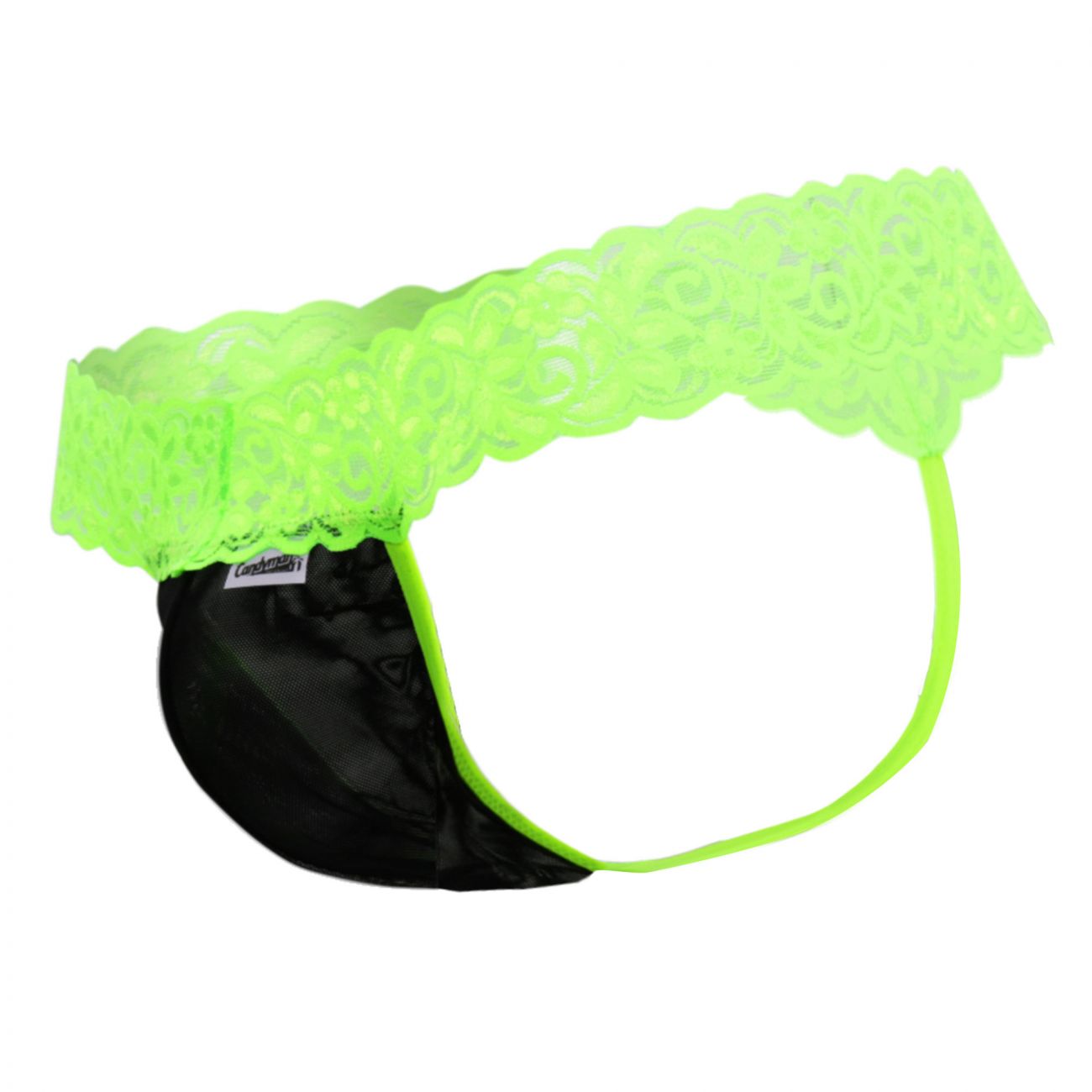 Neon green lace trimmed black satin briefs candyMan 99370X thongs with a satin finish front view