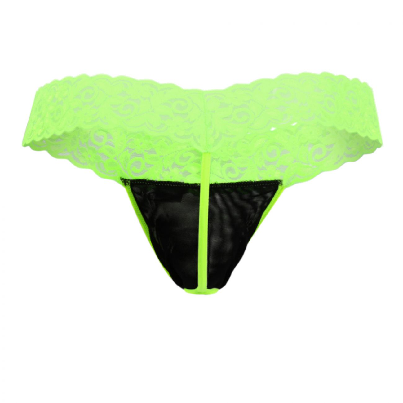 Neon green CandyMan 99370X thong with black mesh panel and neon green lace trim front view