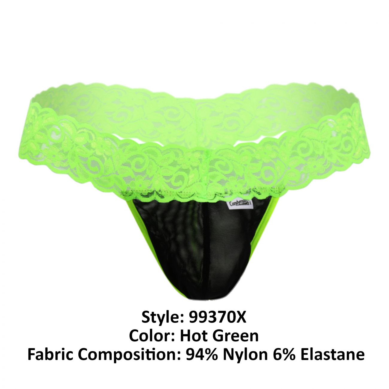 Hot green CandyMan 99370X thong with lace trim and black mesh interior for stylish lingerie wear