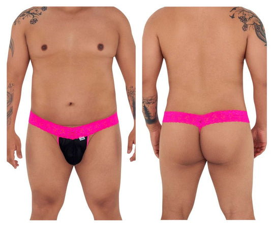 CandyMan 99370X hot pink thong with bright pink lace trim black fabric and small white brand tag