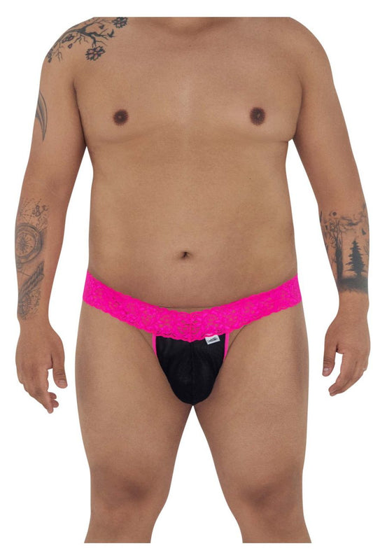 Bright pink CandyMan 99370X thongs with black lace-trimmed briefs and small white brand tag visible