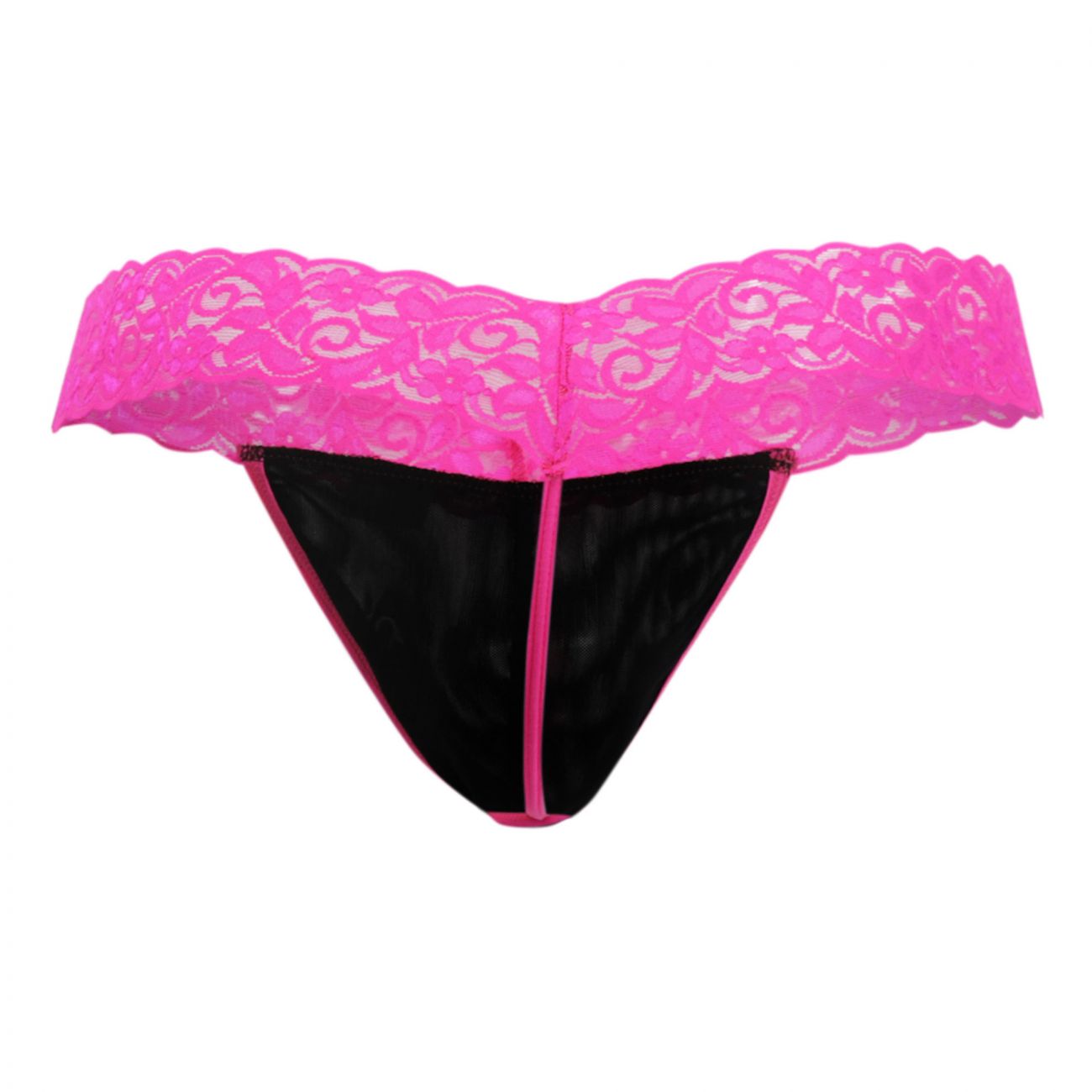 Bright pink CandyMan 99370X thong with lace trim black mesh interior and matching pink stitching front view