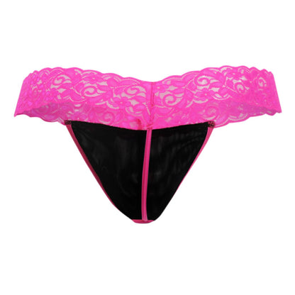 Bright pink CandyMan 99370X thong with lace trim black mesh interior and matching pink stitching front view