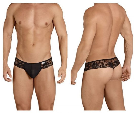 Black lace-trimmed CandyMan 99392 thongs with sheer mesh body and floral embroidery in black color
