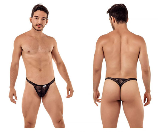 Black lace thong with double lace design and small white brand tag from candyman 99420 in black color