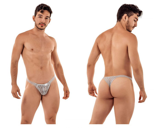 CandyMan 99420 double lace thong in gray with silver lace intricate pattern and small metallic logo on the front