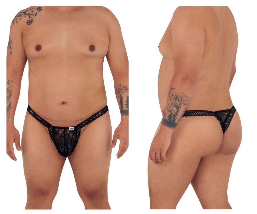 Black lace thong candyMan 99420X with mesh design and small brand tag at the front in black color
