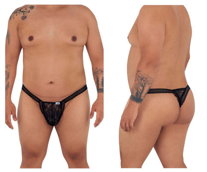 Black lace thong candyMan 99420X with mesh design and small brand tag at the front in black color