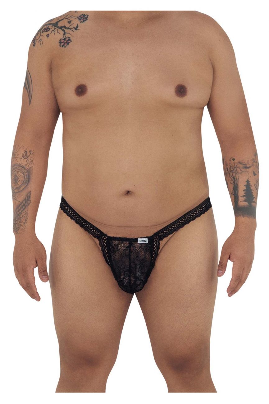Black lace thong candy man 99420x with delicate intricate pattern and small white brand tag at the front