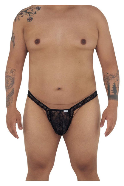 Black lace thong candy man 99420x with delicate intricate pattern and small white brand tag at the front
