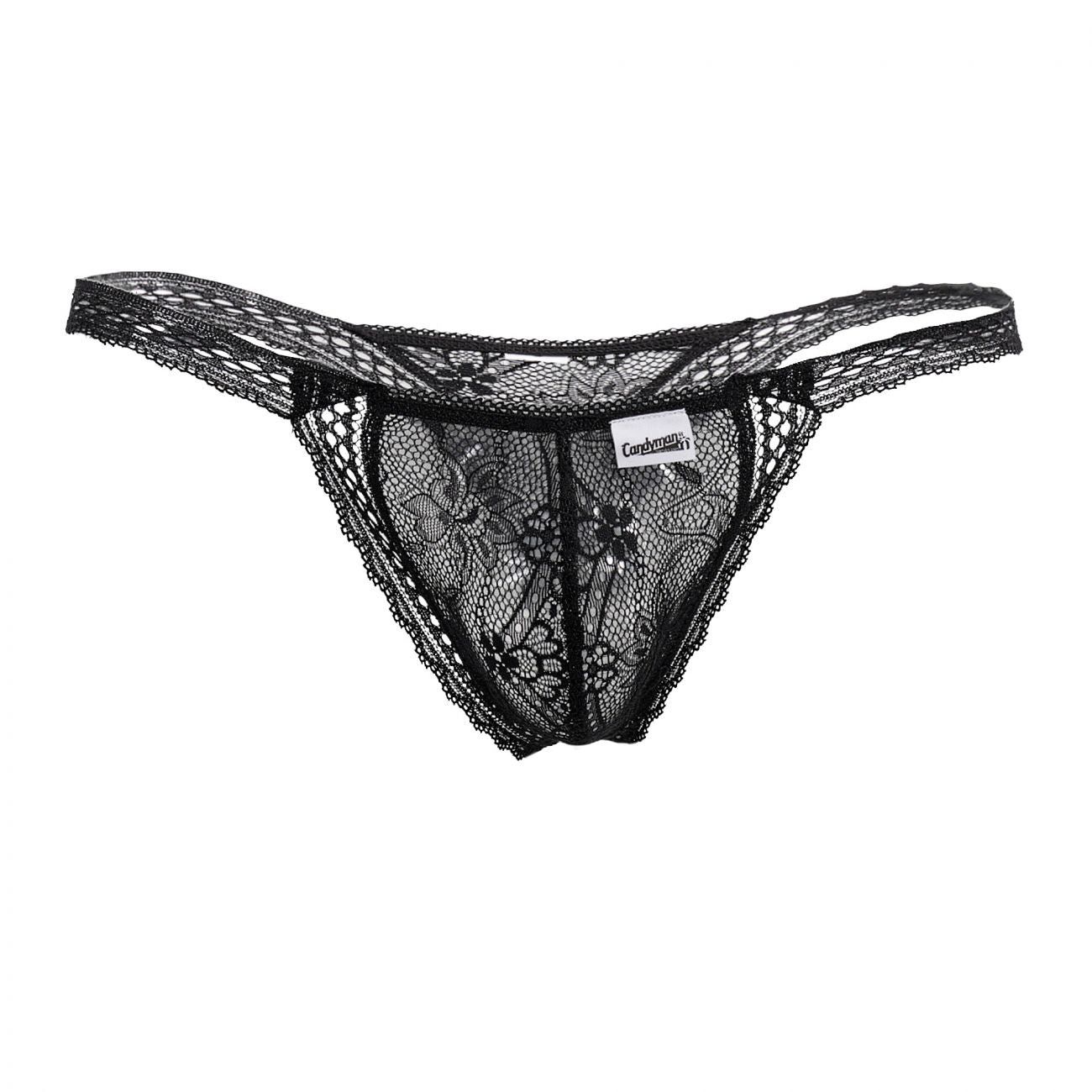Black lace thong candy man 99420x in black features intricate floral patterns and a delicate sheer double lace design