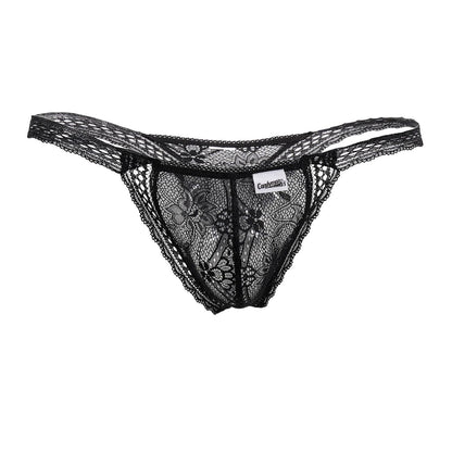 Black lace thong candy man 99420x in black features intricate floral patterns and a delicate sheer double lace design