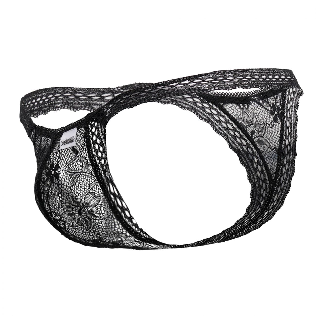Black lace thong candy man 99420x with floral pattern and sheer mesh design in color black front view