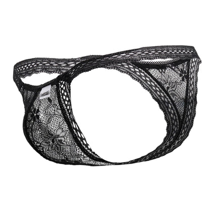 Black lace thong candy man 99420x with floral pattern and sheer mesh design in color black front view