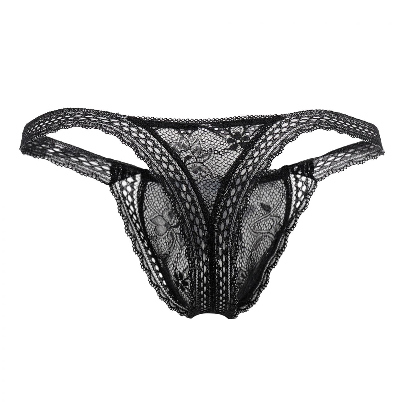 Black candyMan 99420X double lace thong with intricate floral patterns and sheer mesh texture