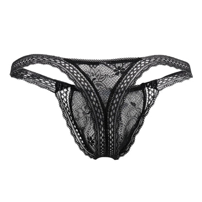 Black candyMan 99420X double lace thong with intricate floral patterns and sheer mesh texture