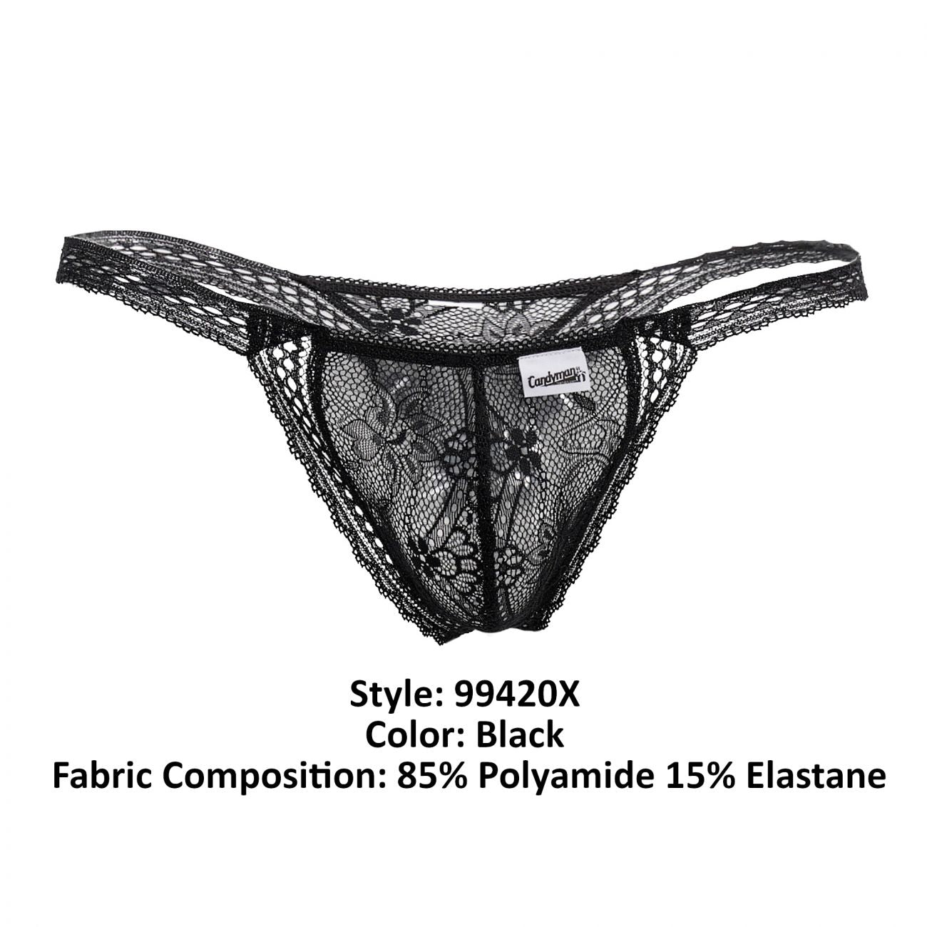 Black candyMan 99420X double lace thong with intricate floral patterns and sheer delicate design