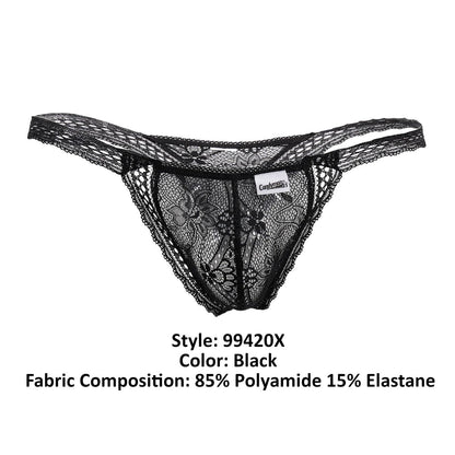 Black candyMan 99420X double lace thong with intricate floral patterns and sheer delicate design