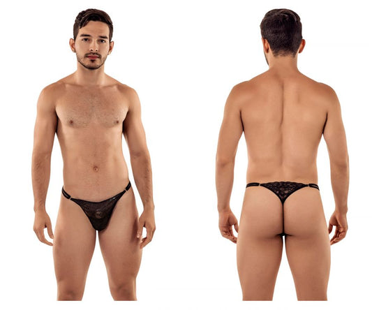 Black lace thong candyMan 99421 with delicate intricate pattern and thin elastic waistband in black color