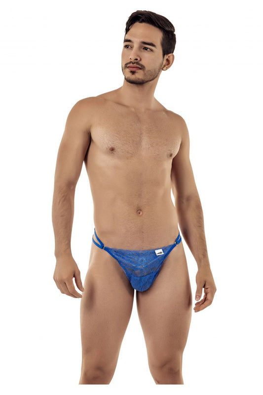 CandyMan 99421 lace g-string thong in blue with a subtle pattern and small white brand tag on the side