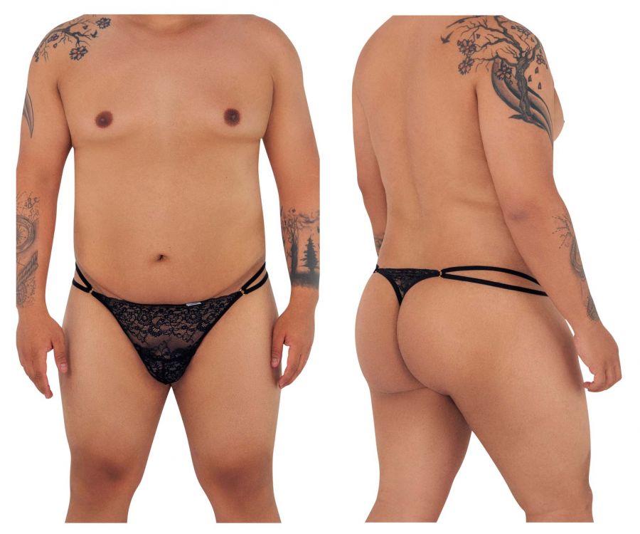 Black lace CandyMan 99421X G-string thong featuring double-strap design shown from the back side