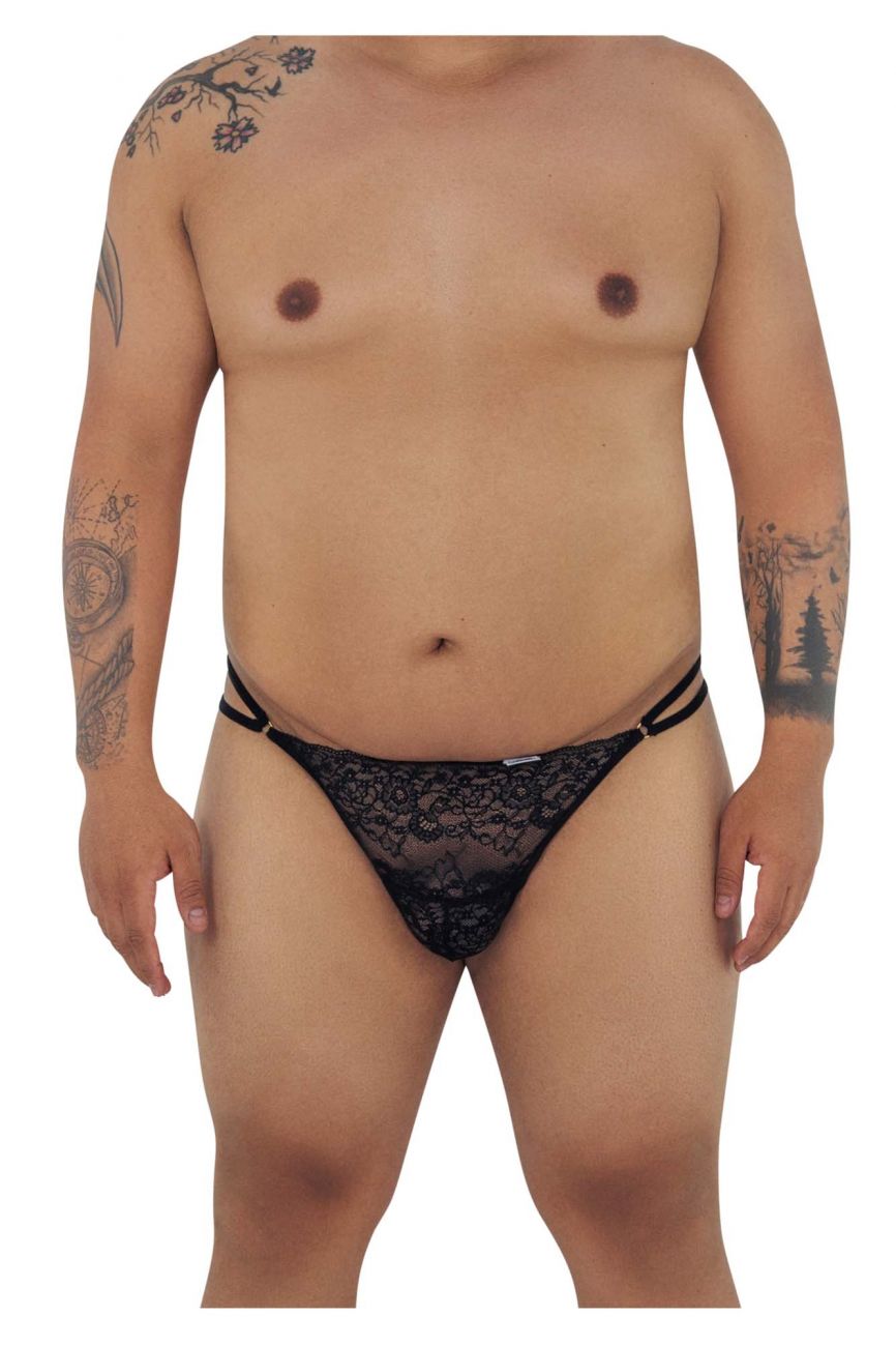 Black candyMan 99421X lace g-string thong with intricate floral patterns and thin side straps
