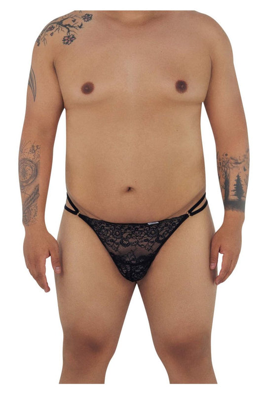 Black candyMan 99421X lace g-string thong with intricate floral patterns and thin side straps