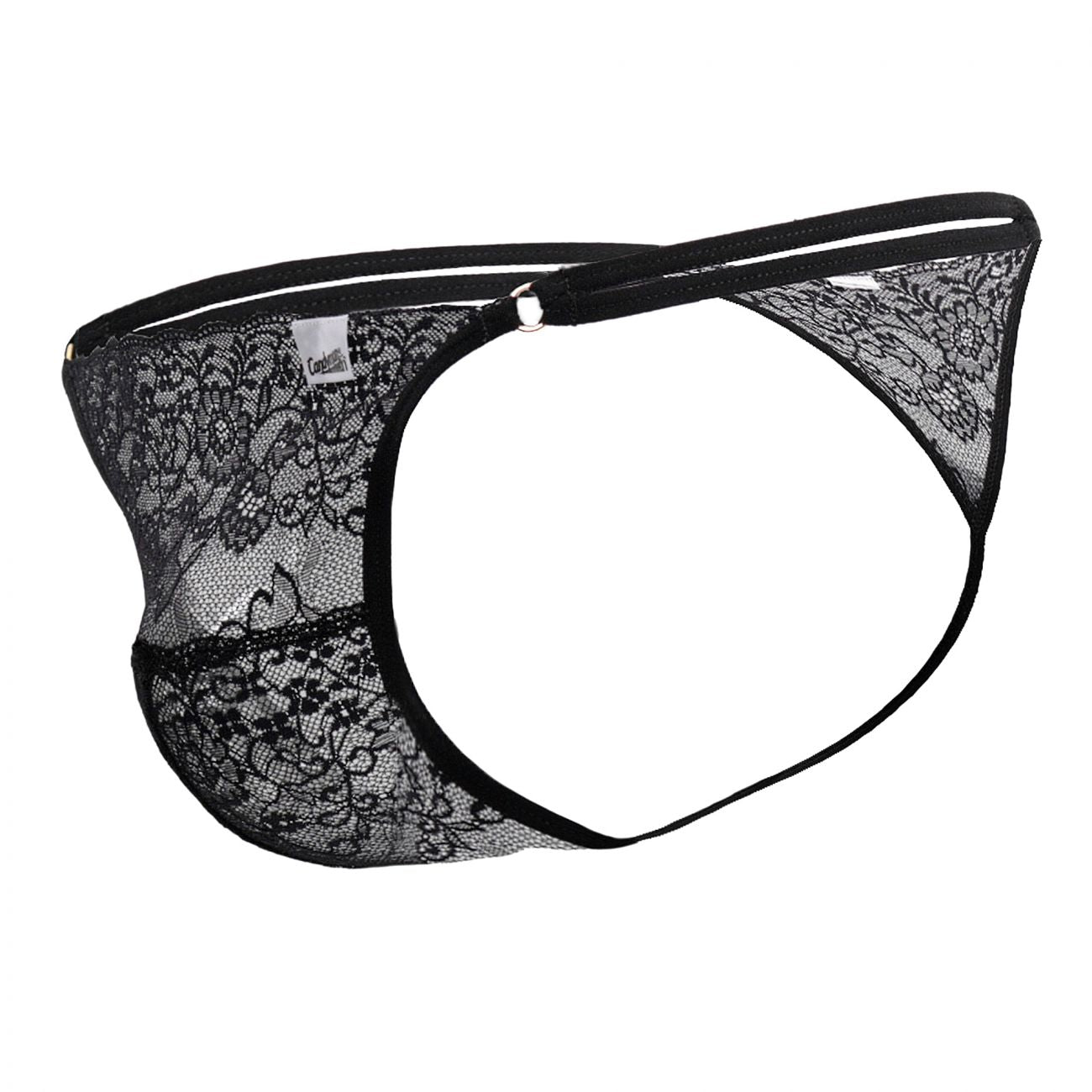 Black lace thong candyMan 99421X featuring intricate floral patterns and a solid black elastic waistband