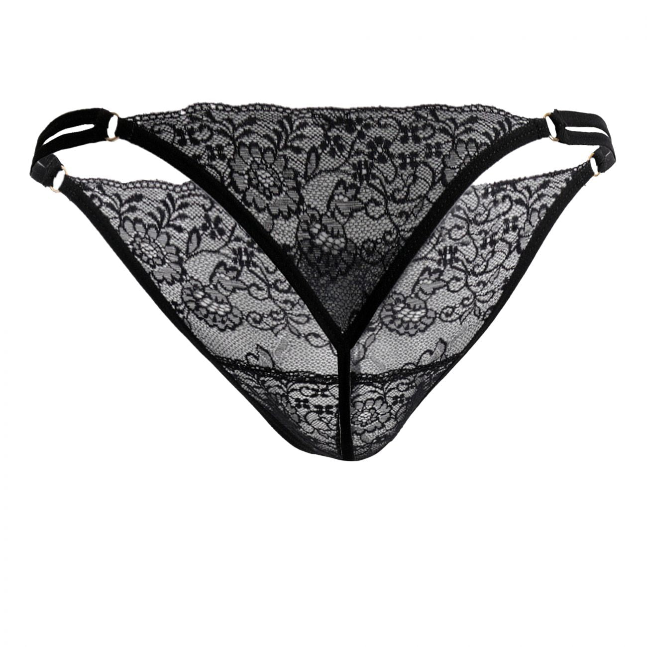 Candidman 99421x black lace g-string thong with floral pattern and adjustable straps shown from the back side