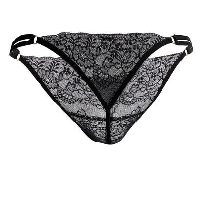 Candidman 99421x black lace g-string thong with floral pattern and adjustable straps shown from the back side