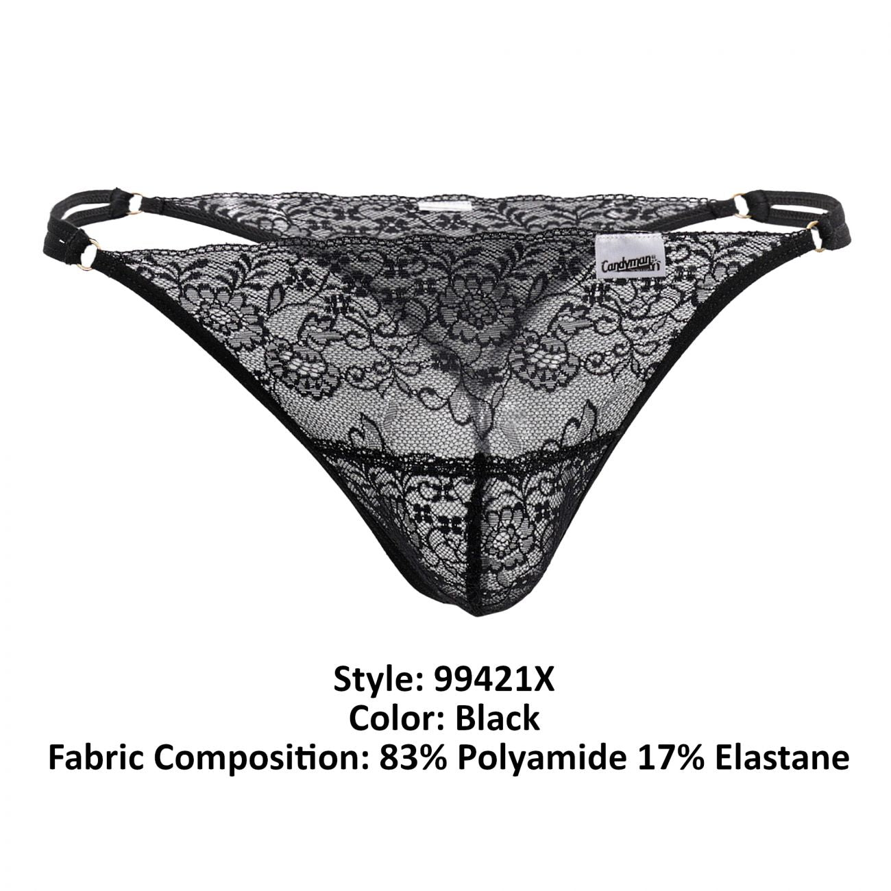 Black lace thong candyMan 99421X with intricate floral patterns and adjustable elastic straps in black
