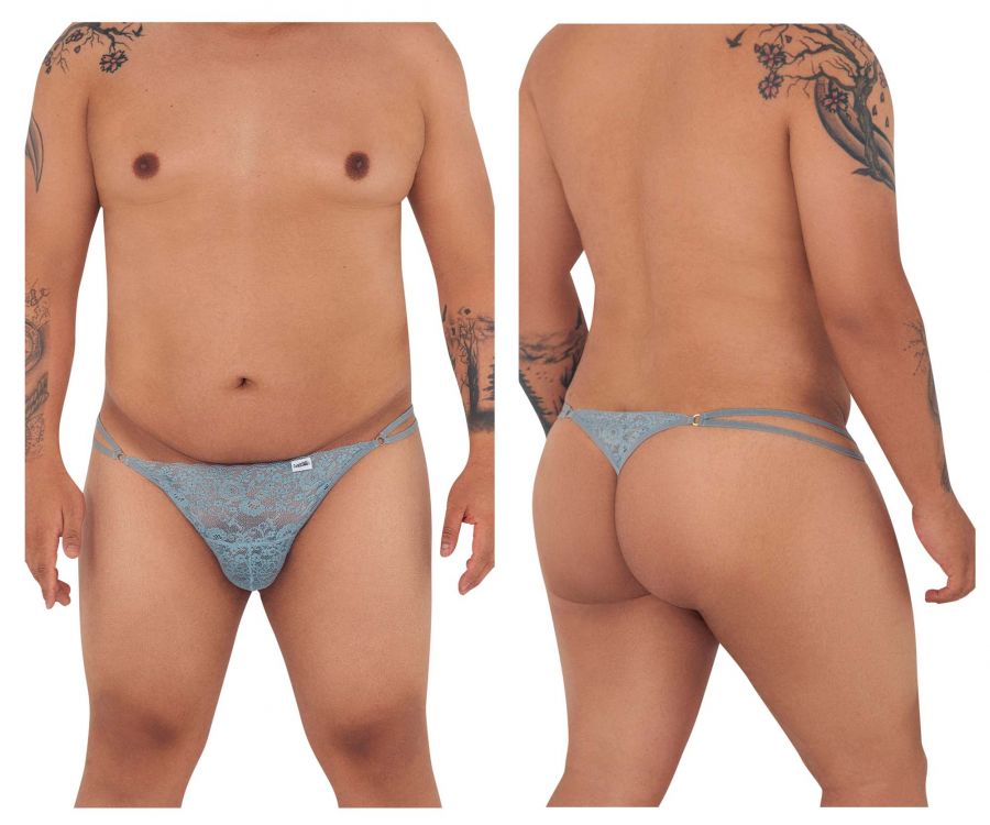 Light blue lace thong candy man 99421x g-string with delicate floral pattern and thin adjustable straps in gray