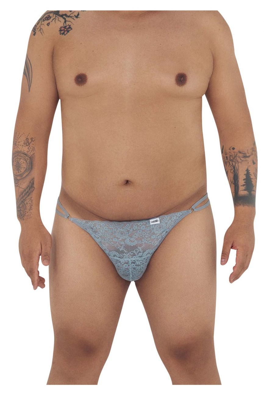 Light blue lace thong with delicate floral patterns and adjustable straps from Candyman 99421X lace g-string thongs gray