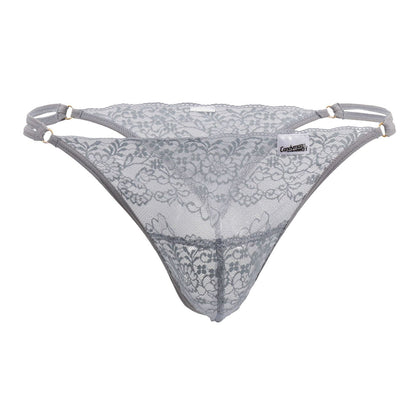 Gray lace g-string thong by candyman with intricate floral patterns and adjustable straps shown from the back side
